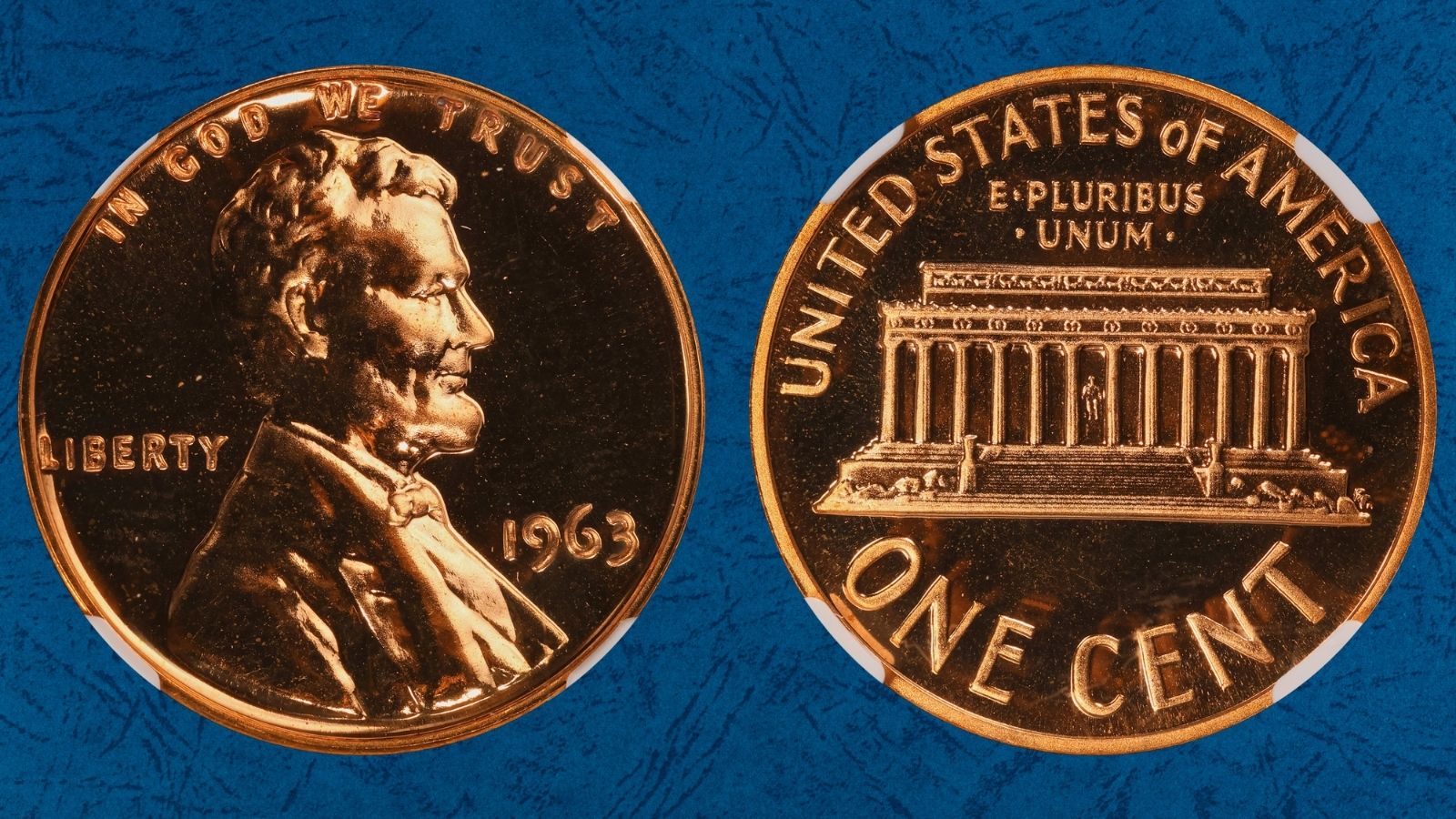Side-by-side comparison of normal 1963 proof penny reverse vs 1963 Proof DDR FS-801 showing doubled lettering