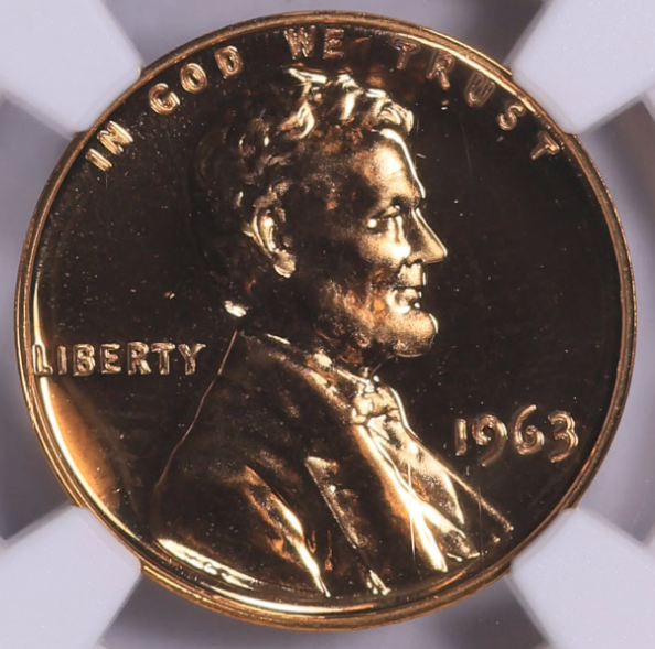 1963 proof penny DDR FS-801 doubled die reverse showing doubled lettering close-up