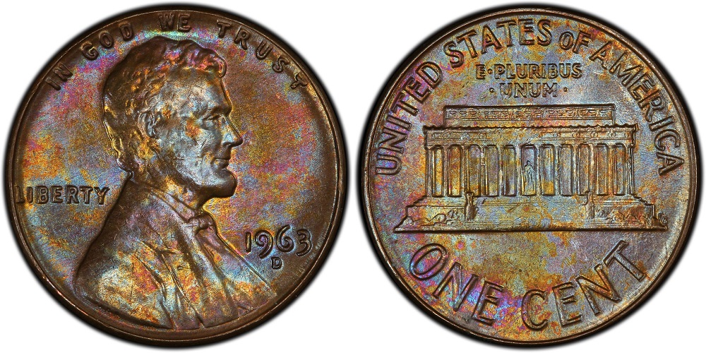 1963 Lincoln penny grading strip showing four condition levels from worn to gem uncirculated side by side